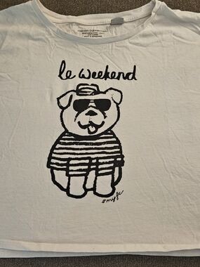 FRENCH CONNECTION Large Le Weekend Paris Bulldog Graphic Crop Ladies Shirt RARE!